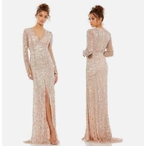 NWT Mac Duggal Rose Gold Embellished Long Sleeve Dress Formal Gown Sequins 14